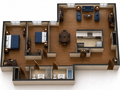 Floor plan for 2 beds, 2 baths, 1260 sqft